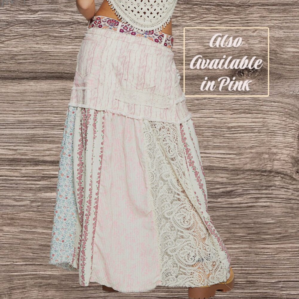 POL Denim Lace & Floral Flowy Baggy Mixed Fabric Cotton Twill Maxi Jean Skirt - Picture 11 of 13